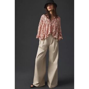 By Anthropologie Tie-Front Peasant Blouse in Beige Paisley Print M